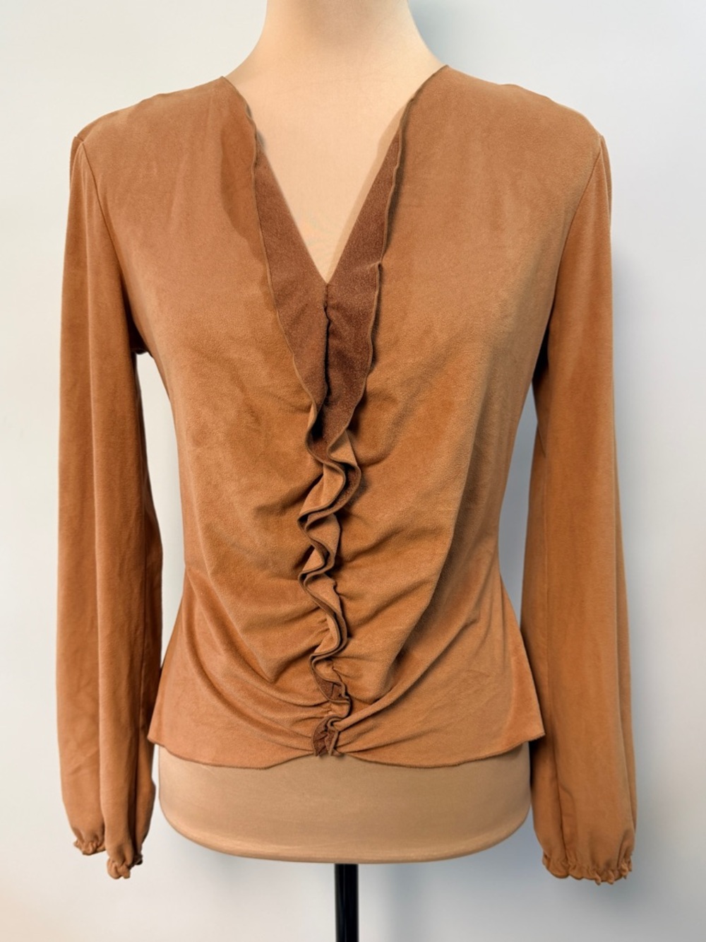 Vintage Y2K Top Ruffle‎ Front Faux Suede Small Petite Western Boho 90s Grunge